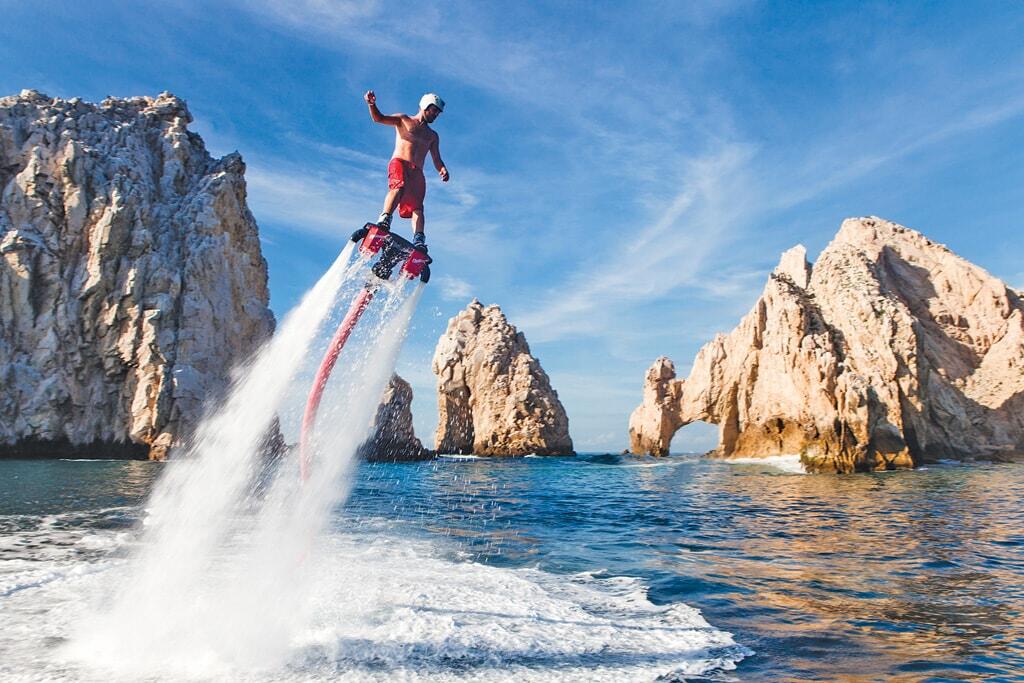 Flyboarding in front of the Arch of Cabo San Lucas