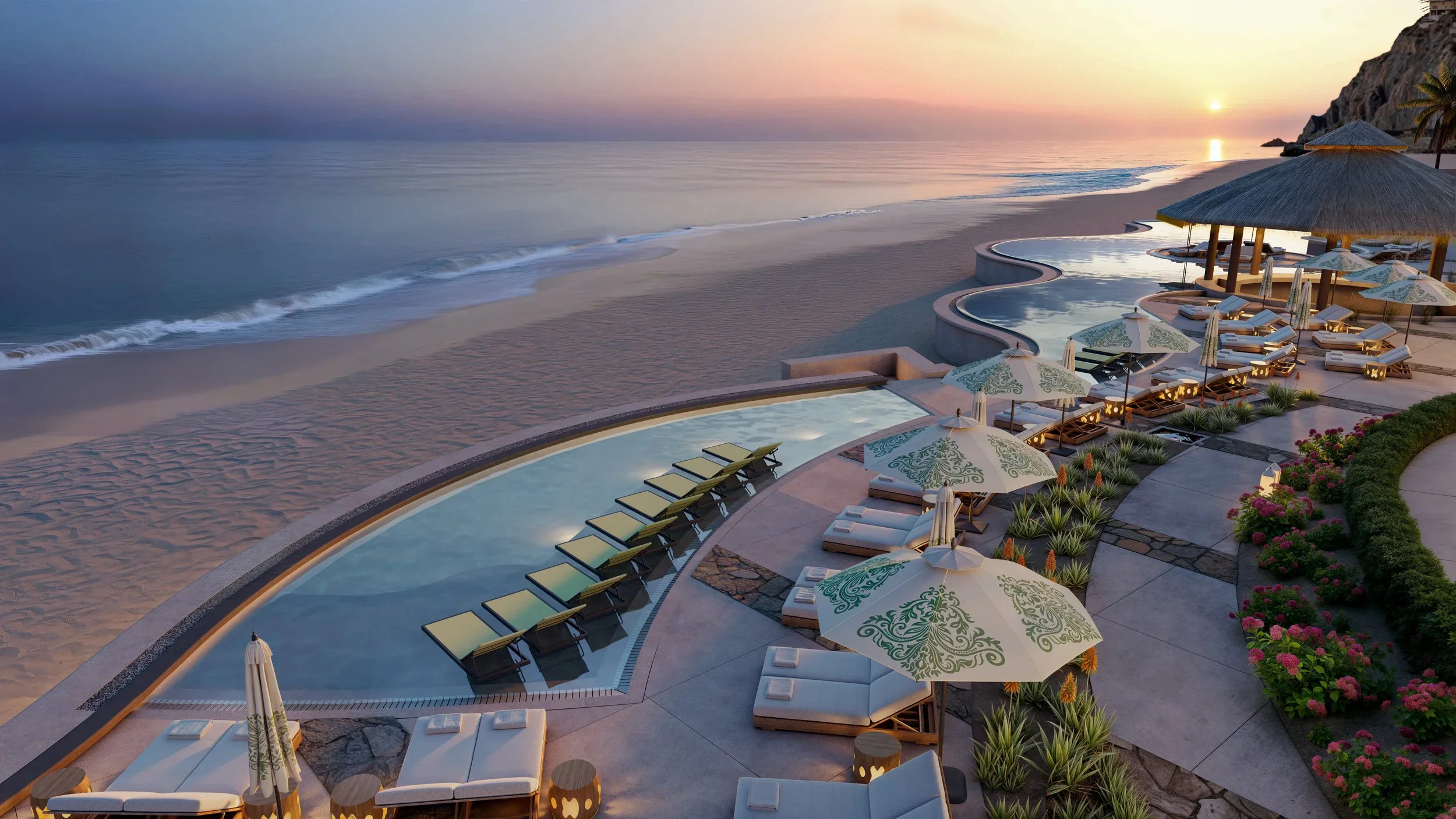 Waldorf Astoria Pedregal — infinity pool at sunset